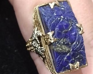 14k gold ring with engraved lapis 