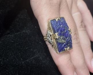 14k gold ring with engraved lapis