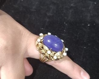 Monster 14k gold ring with opal and lapis 