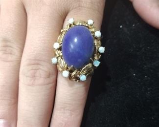 Monster 14k gold ring with opal and lapis