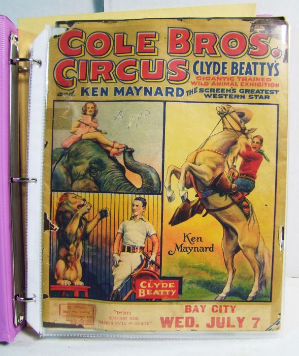 Lot 2500   54 Piece Circus Ephemera & Photo collection in 3-ring Binder. Includes 1930s Cole Bros. Program, Multiple Route books from the 30s, Unused tickets & passes, Michigan circus schedules, Various photos & more. Cond: most is good.