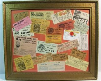 2503   1950s/60s Collection of Unused Circus Tickets & Passes. Various circuses & sizes, in a gilt wood frame, 24” X 20”h. Cond: Minor frame wear.