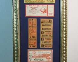 2505   1940s/50s Collection of 13 unused Circus Tickets & Passes. Mostly RBB&B, Custom framed in a Silver Gilt frame. 10” X 38”h. Cond: near mint.