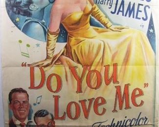 2516   1945 Harry James Movie Poster, “Do You Love Me” with Maureen O’Hara, 27” X 41” (single sheet), Sleeved. Cond: Orig. fold lines present, some minor creases and a small amount of paper loss in the chest area on the O’Hara image.