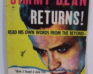 2527   Dated 1956 Jimmy Dean magazine “Jimmy Dean Returns”, 66-page fan magazine in B&W w/color covers (published 2 years after his 1955 death), 8” x 10” h.   Cond: Light wear with light creases.