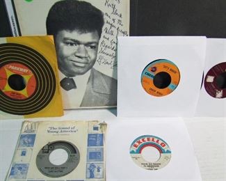 2530   G. Hawl Jones (Obscure Blues Singer in the 1960’s) produces a few records on BMI label, autographed and inscribed 8” x 10” B&W photo “To Ruth Slack, One of the Super People, with Love and Fondest Regards, Sincerely G. Hawl Jones”. Plus 5 early 60s 45 records by Chuck Berry, Fats Domino, Chubby Checker, Lightnin Slim & Gary Glitter. Cond: Records show some wear.