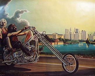 2535A    Dated 1971 Harley Davison Motorcycle Poster by David Mann, 38” X 26 ½”h. Sleeved. Cond: Top & bottom edge has few tears & creases, Lower left corner has a linen repaired tear.