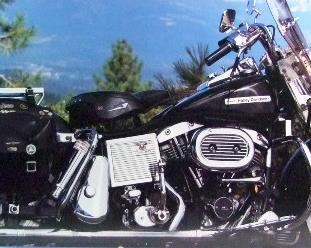 2536A   Dated 1973 Harley Davison Dealer Promo Poster for the Electra-Glide Model.74” X 26”h.   Cond: Attached to cardboard, Left edge has a small tape repair, pinholes in the corners.