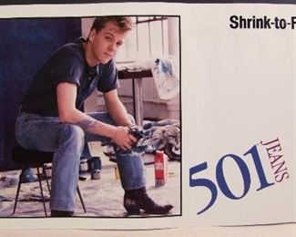2578   1985 Rare Levi 501 Jean advertising poster w/Young Kiefer Sutherland modeling a pair of Levi’s, 27 ½” x 13” h. Note: Pre-acting period, modeled to raise money for trip to Hollywood.