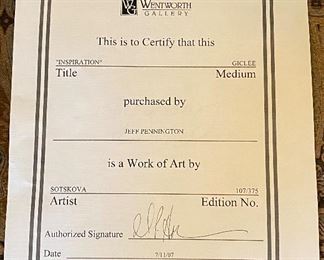 Framed Limited Edition Titled "Inspiration I" Embellished and Signed/Numbered Giclee' by Lena Sotskova with COA.   Photo of actual COA,