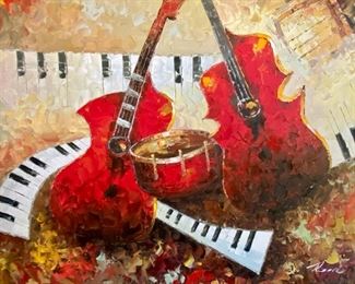 Contemporary Oil Painting of Musical Instruments: Cello, Drums and Keyboards. Perfect in Music Room.