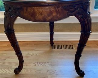 Pair of Tan Armless with Scrolled Top Occasional Chairs and Mirror-top Carved Mahogany Lamp Table and Table Lamp.