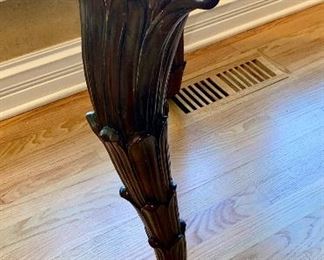 Pair of Tan Armless with Scrolled Top Occasional Chairs and Mirror-top Carved Mahogany Lamp Table and Table Lamp.