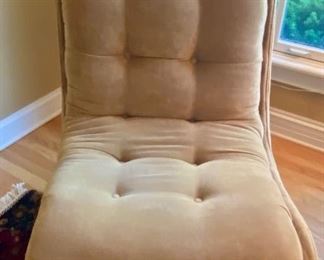 Pair of Tan Armless with Scrolled Top Occasional Chairs and Mirror-top Carved Mahogany Lamp Table and Table Lamp.