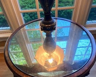 Pair of Tan Armless with Scrolled Top Occasional Chairs and Mirror-top Carved Mahogany Lamp Table and Table Lamp.