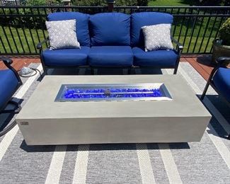 Beautiful Patio Seating-Black Cast Aluminum and Blue Sunbrella Cushions.  Fire Table Not for Sale.