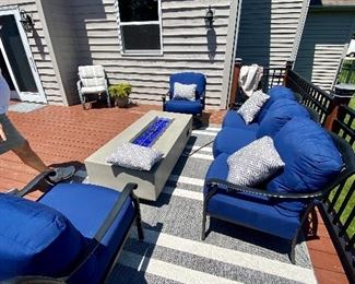 Beautiful Patio Seating-Black Cast Aluminum and Blue Sunbrella Cushions.  Fire Table Not for Sale.