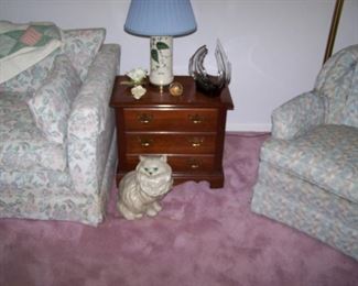 SMALL CHEST, LAMP, CAT FIGURE & MISC.