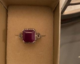 $40 - 5.95CT SQUARE OCTAGONAL INDIAN RUBY & .26CTW ROUND CHAMPAGNE DIAMOND RHODIUM OVER SILVER RING 
Size7