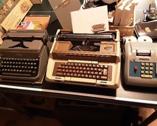 Vintage Hermes portable typewriter, Vintage Electric Smith Corona Typewriter sold with assortment of ribbons.  Vintage Unitex adding machine sold with extra paper rolls