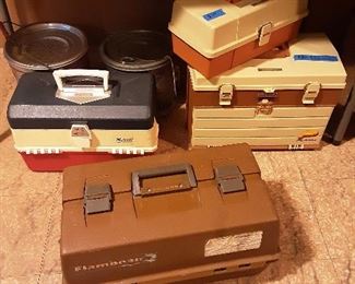 Vintage and modern tackle boxes with 2 vintage minnow buckets in background
