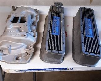 Used Weiand dual plane Big Block Chevy intake.  Edlebrock Big Block Chevy valve covers