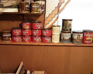 Collection of Vintage Folgers Coffee Cans.  Collection of Vintage Amphora tobacco tins