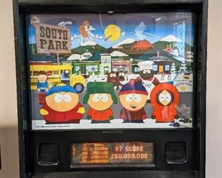 Sega South Park Pinball Machine. The whole gang is here in this hilarious and entertaining pinball game. There is some light paint wear that can be seen in the photos and the ball release is malfunctioning. The client is having it repaired and will be in working order for the pickup. All other lights, flippers and functions seem to be in working order. As of 6/26 a new spring and general maintenance has been performed. 

Edited 6/29 a new back board was installed when old battery corrosion was discovered during maintenance. After the install, several areas are not communicating and further diagnostic would have to be performed. The earliest a repair technician could come is several weeks after the auction closes and this item is being sold as is!!