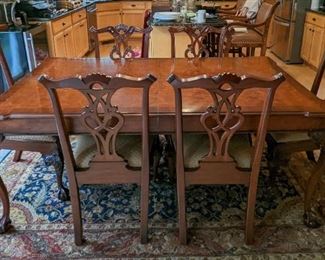 Gorgeous Henredon Dining Table Set. Beautiful and intricate detailed claw foot table! Includes four additional chairs pictured separately. The table measures 45.5” x 75” and 29” high