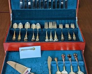 Towle Old Master Sterling Flatware Set. Beautiful pattern with gold tone accents! Includes full service for twelve and a variety of serving pieces. Total weight NOT including the butter knives and pie server is 2,256 grams.