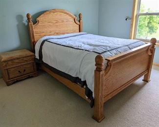 Queen Bed Frame and Nightstand. There are some scratches and one handle is missing from the nightstand. The mattress is NOT included! The headboard measures 63” wide and 60” high. The nightstand measures 25” x17” and 26” high