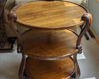 Round Tired Accent Table by Hickory. Beautiful and Elegant curved details!

Measures 28” in diameter and 27” high. Please note that the winning bidder is responsible for providing their own help to move this item.