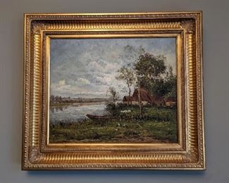 Ornate Framed Scenic Oil Painting. Unsigned piece measures 28" x 32".