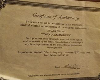 COA for The Conservatory by Lou Roman