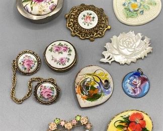 Vintage Floral Pins, Pillboxes Pendants