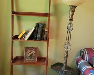 Book shelves, Marble and brass antique floor lamp