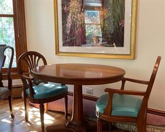 BUY IT NOW $450 Henredon oval dining table with pedestal base. Comes with two armchairs and 2 leaves. Table dimensions: 35" x 42" x 29".