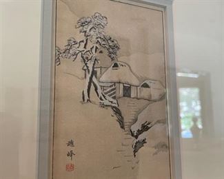 BIN$40 Vintage Wood Cut Print. C.1950s. Art: 3.5" x 5.5", frame: 10.5" x 13"