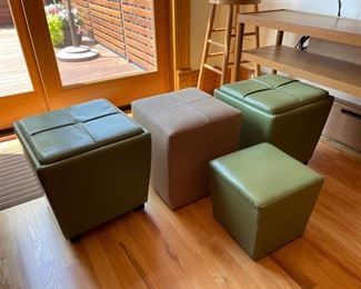 BUY IT NOW $60 each. 2 in 1 Avocado green leather cubed storage Ottomans. Two available. Each one comes with a smaller footstool inside. Top turns into a tray table when flipped. Beige upholstered Ottoman is $30