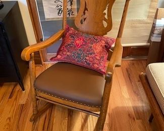 SOLD. Antique, quartersawn oak carved rocking chair with leather studded seat