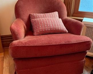 BIN$90. Plush, poppy colored lounge chair, 29" x 34" x 32"