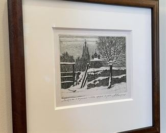 BIN$120. 13/250, Latvian Cathedral in Winter, serigraph, c. 1999. Art: 5" x 4.5" Art, 10" x 11" Frame