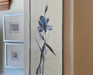 Framed blue floral watercolor; art: 8.5" x 29" frame: 12.25" x 36"