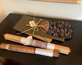 Japanese hanging scrolls & fan.