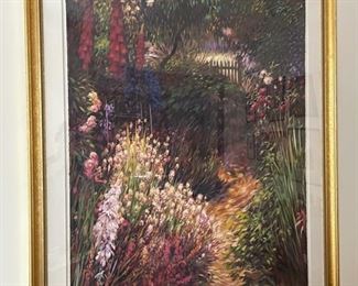 BIN$1600. Artist unknown. Large framed garden art; original watercolor on paper, 48" x 60"