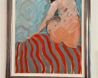 SOLD - Abstract. Untitled. Nude with Red Stripe towel. Original oil on canvas. Painting (art only) measures: 17.5" x 20.75" Artist: Burkovski