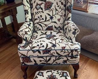 BUY IT NOW $200 Hickory Chair Winged-back Ladies chair with wool crewel work upholstery fabric and matching foot stool. Re-stuffed and seat re-webbed.