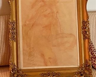 BIN $120 Untitled. Framed, female nude, drawing by Berkovski, art: 14.5x18