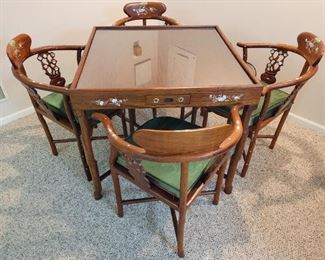 Mother of pearl and inlayed majong table and chairs