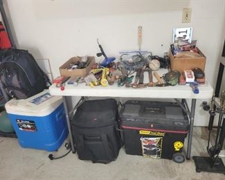 Coolers, portable tool chest, hand tools